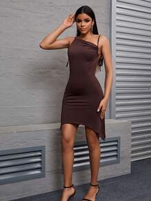 Vestido mini asimétrico sin mangas con correa - Marrón - Ver 5