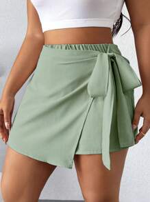 Calvaya Plus Size Solid Color Knotted Asymmetric Hem Casual Shorts For Summer