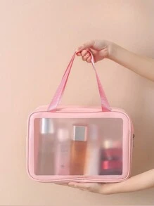 Large Capacity Translucent Pink Cosmetic Bag With Letter Print, Portable