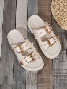New Women Fashionable & Comfortable Double Strap Sandals With Gold Bat Decor, Flower Shape Buckle, Round Toe, Open Toe, Slip-On Design, Fashionable, Casual, Wedge Heel, Thick Sole