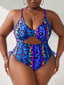 Slaydiva 2025 Plus Size Women Leopard Print Ruched Cut-Out One-Piece Swimsuit Summer - Multicolor - View 4