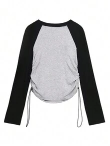 Color Block Letter Pattern Raglan Sleeve T-Shirt With Side Drawstring - Grey - View 2