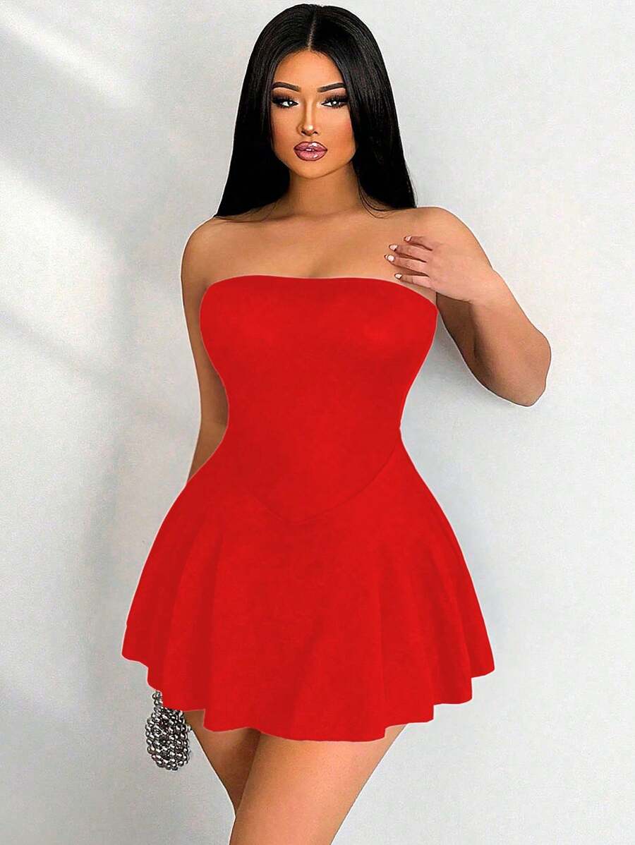 Sirith Vestido corto sin tirantes de unicolor para la ropa de Año Nuevo para mujeres - Rojo - Ver 1