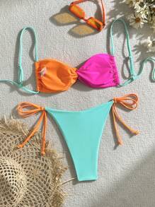 Women's Summer Beach Contrast Color Chest Knot Sexy Bikini Set