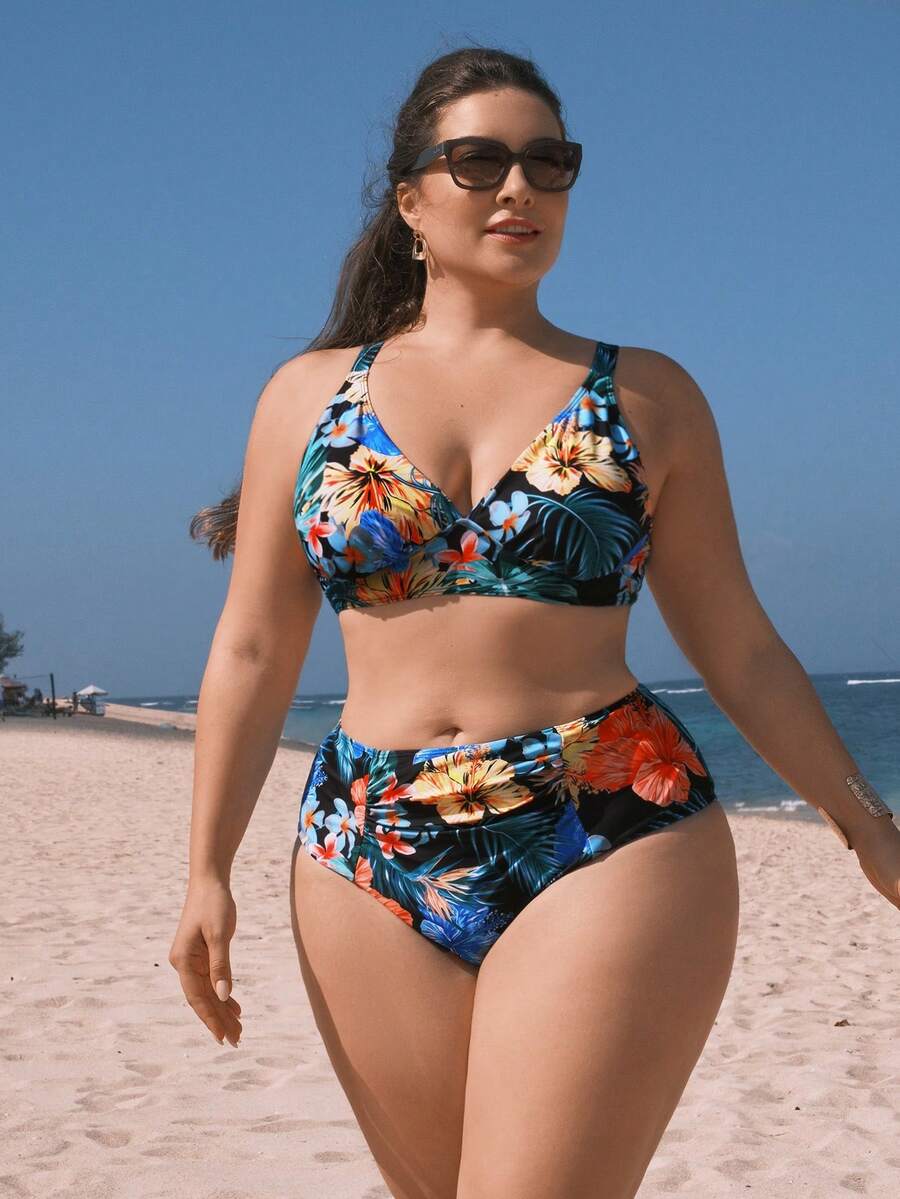 Swim Lushoire Plus Size Women's Random Printed Simple Daily Bikini Set Summer Beach - Multicolor - View 1