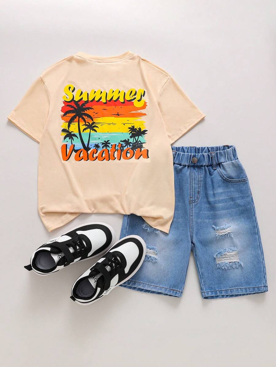 Conjunto de 2 piezas de camiseta estampada con letras de primavera/verano del 4 de julio y pantalones vaqueros desgastados para niños preadolescentes, barato y adecuado para viajes diarios, escuela, ropa casual, vacaciones y deportes