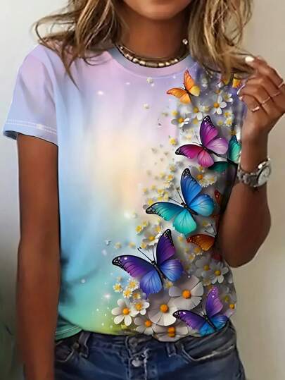INAWLY Camiseta de manga corta para mujer con efecto 3D, estampado degradado de flores y mariposas estilo "ditsy", blusas gráficas para mujer de primavera/verano