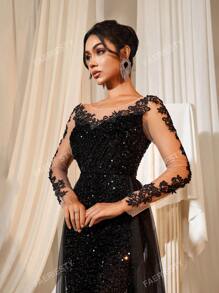 Faeriesty Vestido de gala elegante con cola de sirena con lentejuelas y brillo, con bordado floral y tren de tul fluido de Faeriesty | Vestido de noche de lujo para galas de etiqueta negra, bodas