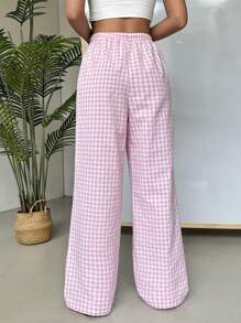 SHEIN EZwear Pantalones largos para mujer de un solo color con estampado de cuadros sencillo para uso diario