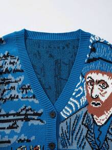 ANDREILEEANDREILEE Áo khoác cardigan dệt kim phong cách tranh Van Gogh mới, kiểu dáng thường ngày, dành cho cả nam và nữ, thích hợp cho mùa xuân và thu. - Màu xanh lam - Xem 8
