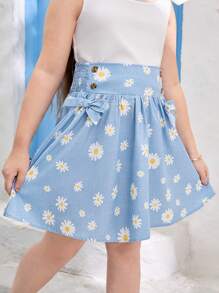 SHEIN Tween Girl Extended Size Casual Double-Breasted Skirt With Bow Decoration On Waist