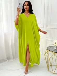 BIUBIU V Neck  Batwing Sleeve Split Thigh Dress - Green - View 7