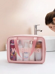 Large Capacity Translucent Pink Cosmetic Bag With Letter Print, Portable