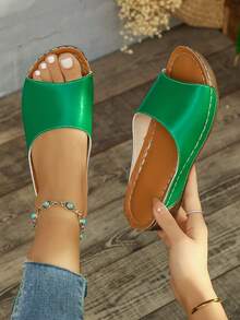 復古典雅綠色平台涼鞋，女款夏季戶外露趾羅馬拖鞋，配有楔形跟和厚底 - 綠色 - 查看 4
