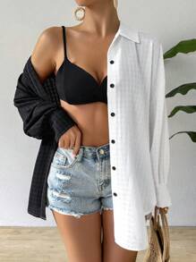 SHEIN LUNE Casual Drop Shoulder Shirt With Texture Splicing Fabric - Black and White - View 1