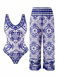 Swim Oasis Plus Size Summer Beach Full Print Deep V-Neck One-Piece Swimsuit And Long Pants Set - Royal Blue - View 1