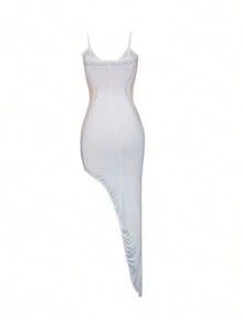 Fashion New Rhinestone Decor Sexy Camisole Mesh See-Through Dress For Women - White - View 4