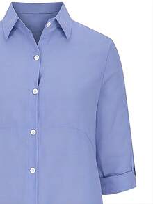 New European And American Plain Linen Long-Sleeved Dress With Lapel And Holiday Style, Suitable For Spring And Summer - Blue - View 3