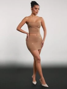 Hauture 女性夏季時尚鑲鑽修身短款管狀上衣 - 棕色 - 查看 5