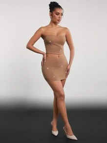 Hauture Summer Sexy Rhinestone Embellished Slim Fit Mini Solid Color Skirt - Brown - View 6