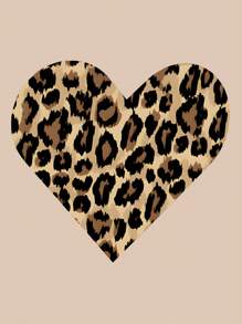 大码女式夏季心形豹纹圆领短袖休闲T恤图案猎豹印花T恤女式上衣 - 杏色 - 查看 3