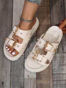 New Women Fashionable & Comfortable Double Strap Sandals With Gold Bat Decor, Flower Shape Buckle, Round Toe, Open Toe, Slip-On Design, Fashionable, Casual, Wedge Heel, Thick Sole