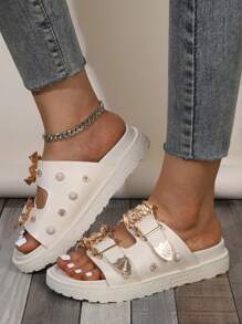 New Women Fashionable & Comfortable Double Strap Sandals With Gold Bat Decor, Flower Shape Buckle, Round Toe, Open Toe, Slip-On Design, Fashionable, Casual, Wedge Heel, Thick Sole