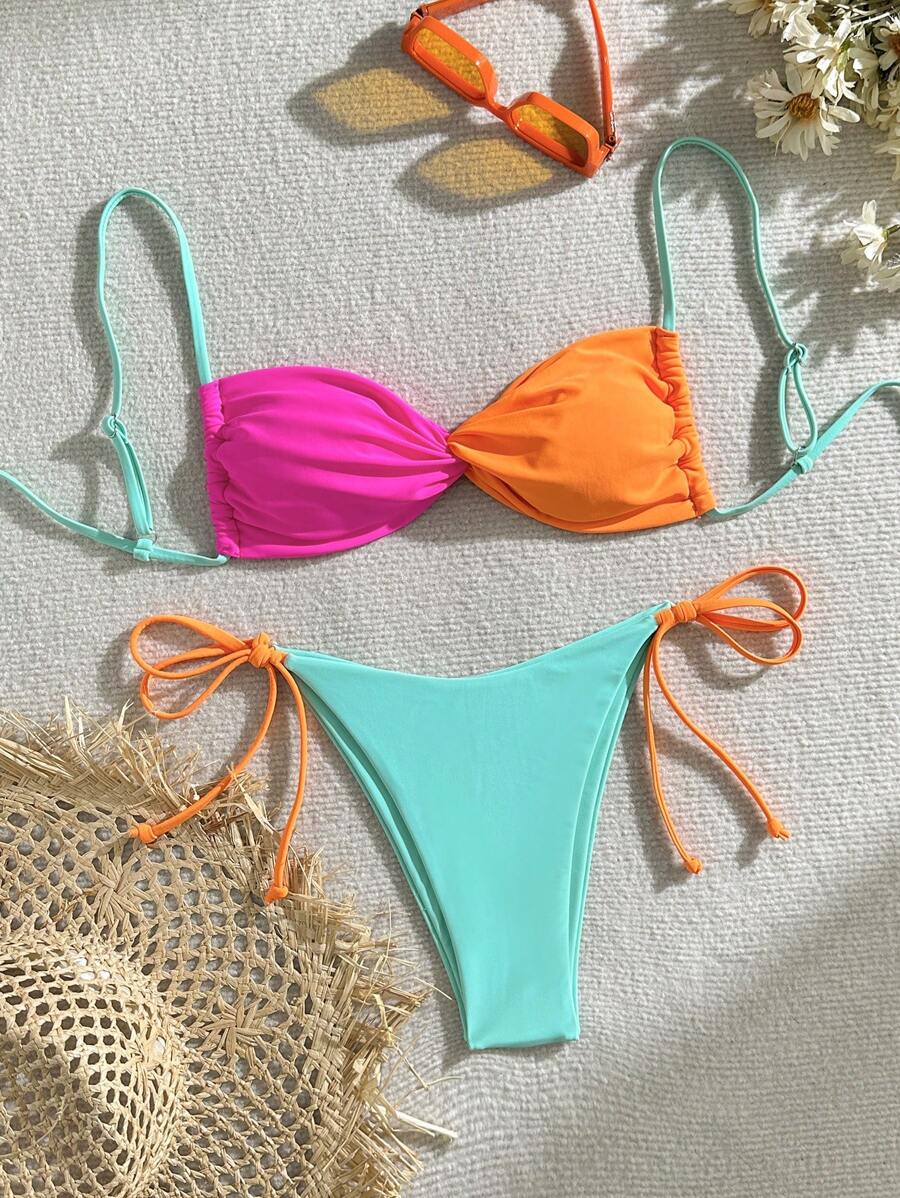 Women's Summer Beach Contrast Color Chest Knot Sexy Bikini Set