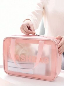 Large Capacity Translucent Pink Cosmetic Bag With Letter Print, Portable