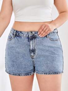 SHEIN Cottnline FOLD UP HEM MIDDLE LENGTH SHORT - Medium Wash - View 1