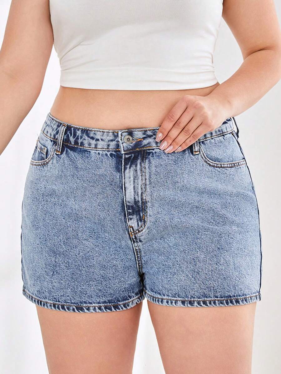 SHEIN Cottnline FOLD UP HEM MIDDLE LENGTH SHORT - Medium Wash - View 1