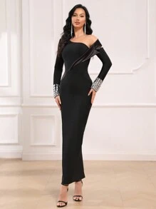 Vestido de cóctel de manga larga con hombros descubiertos, hendidura y detalles de strass sexy y elegante para mujer "LOVE Aing", adecuado para fiesta, graduación, recepción de boda - Negro - Ver 4