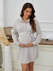 孕婦落肩袖腰帶襯衫洋裝