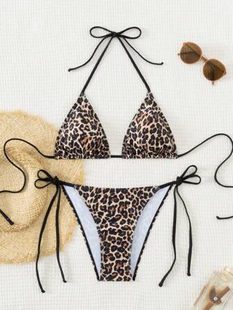 Swim SXY 2026 Spring/Summer Women's Spaghetti Strap Random Leopard Print Side Tie Bikini 2-Piece Swimsuit