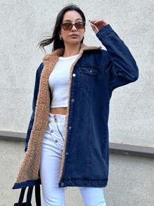 EURMUSE Fleece Lined Long Denim Jacket With Flap Pockets - Dark Wash - View 3