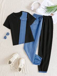 Chiquease Women's Color Block Short Sleeve Round Neck Top And Drawstring Waist Pocketed Pants Casual 2pcs Outfit - Black - View 5