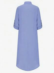 New European And American Plain Linen Long-Sleeved Dress With Lapel And Holiday Style, Suitable For Spring And Summer - Blue - View 2