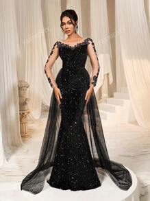 Faeriesty Vestido de gala elegante con cola de sirena con lentejuelas y brillo, con bordado floral y tren de tul fluido de Faeriesty | Vestido de noche de lujo para galas de etiqueta negra, bodas