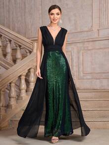 Women's Deep V Sequin Mesh Panel Long Sleeveless Formal Evening Gown (Heavyweight Design) - Black - View 3