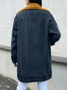 EURMUSE Women's Long Fleece Denim Jacket - Medium Wash - View 2