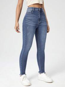 Cloudara High Waist Cat Scratch Skinny Jeans - Medium Wash - View 3