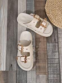 New Women Fashionable & Comfortable Double Strap Sandals With Gold Bat Decor, Flower Shape Buckle, Round Toe, Open Toe, Slip-On Design, Fashionable, Casual, Wedge Heel, Thick Sole