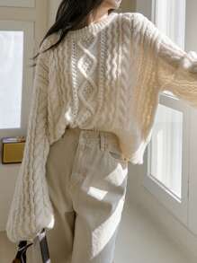 Dazy-Less Cable Knit Drop Shoulder Sweater,Long Sleeve Tops Old Money Style,Fall Women Clothes - Beige - View 6