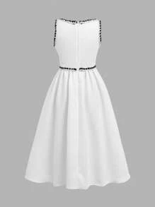 SHEIN Tween Girl Casual Colorblock Sleeveless White Dress, Suitable For Commuting, Mid-Length - White - View 2