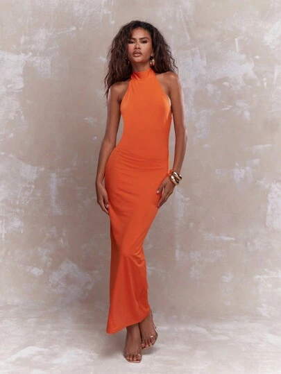 MISSGUIDED Polo Halter Back Tie Neck Backless Maxi DressMISSGUIDED