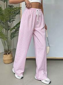 SHEIN EZwear Pantalones largos para mujer de un solo color con estampado de cuadros sencillo para uso diario