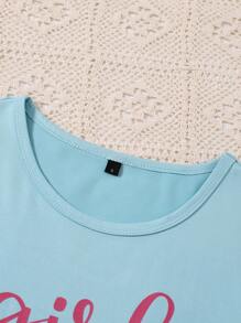 SHEIN Conjunto de ropa de hogar para mujer en dos piezas, color azul claro, con impresión de letras simples en pantalones cortos y camiseta de manga corta