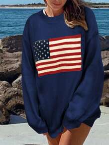 Chiquease Flag Pattern Drop Shoulder Long Sleeve Sweater,Long Sleeve Tops
