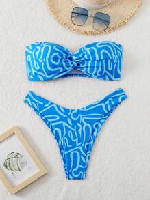 SHEIN Swim 女性夏季海灘條紋印花無肩帶性感比基尼套裝，隨機印花圖案 - 藍色 - 查看 1