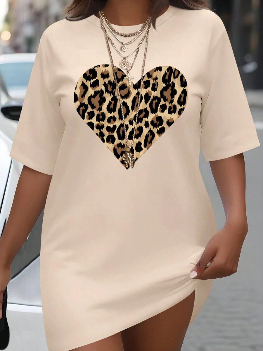 大码女式夏季心形豹纹圆领短袖休闲T恤图案猎豹印花T恤女式上衣 - 杏色 - 查看 1